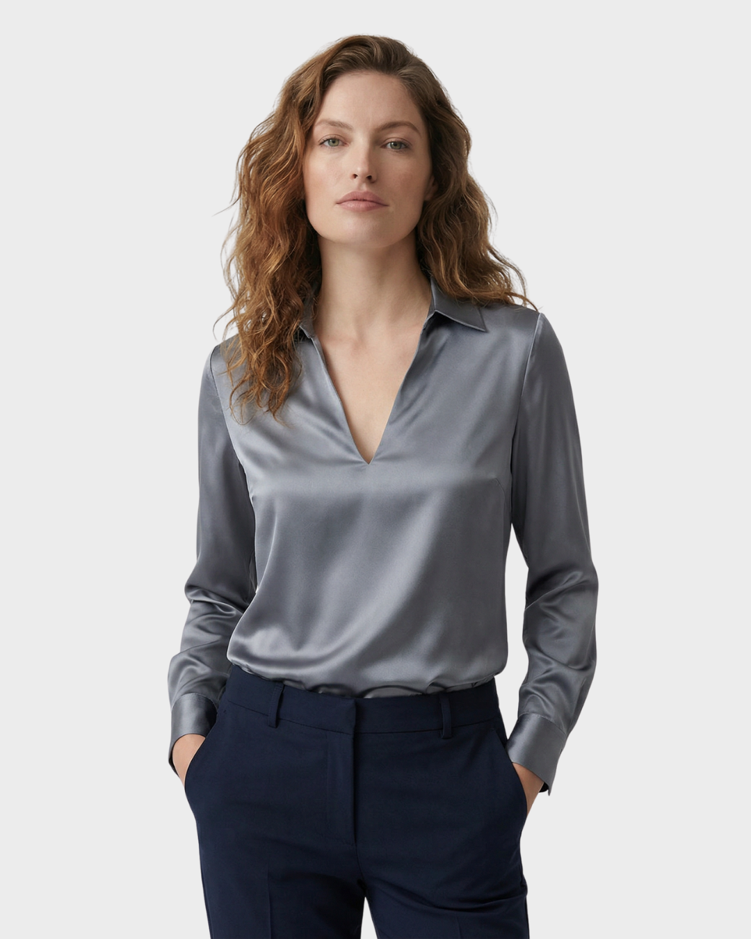 Blusa de Satén con Cuello en V