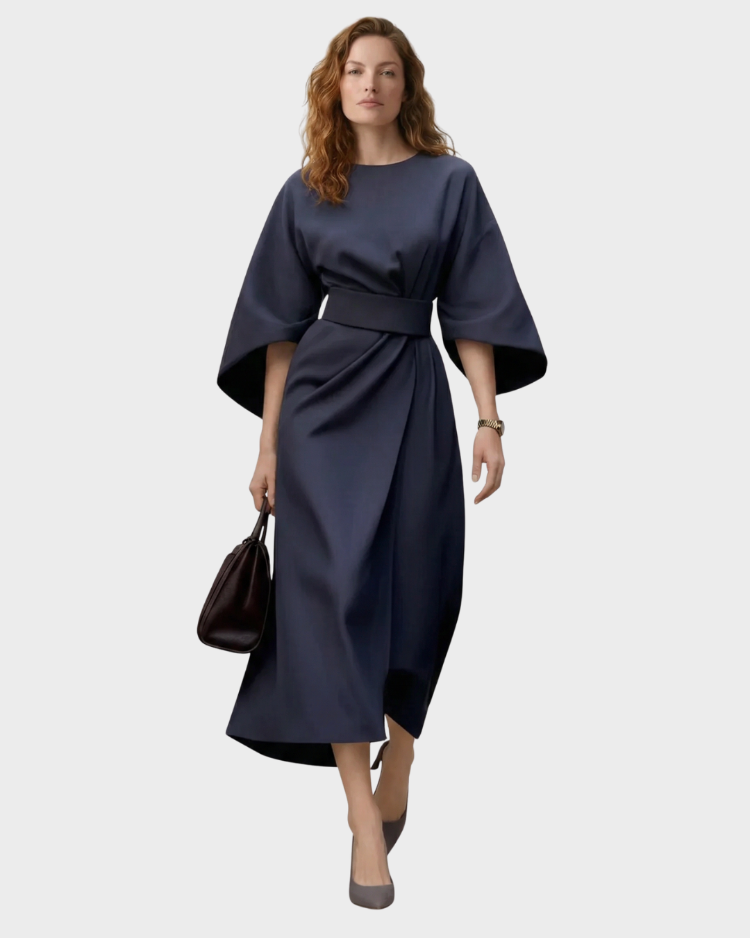 Vestido Midi Mujer con Cinturón Algodón Manga Kimono Elegante Primavera