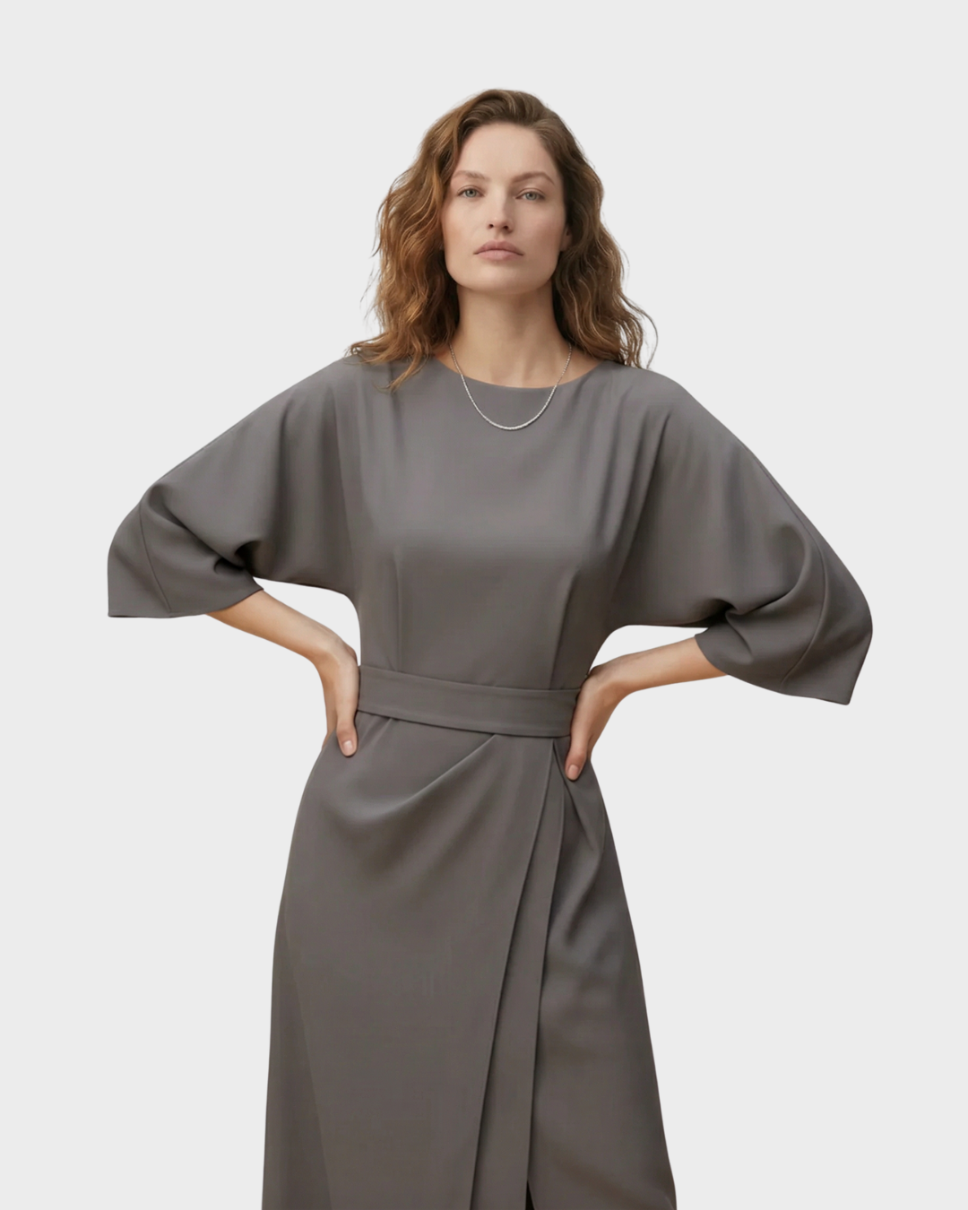 Vestido Midi Mujer con Cinturón Algodón Manga Kimono Elegante Primavera