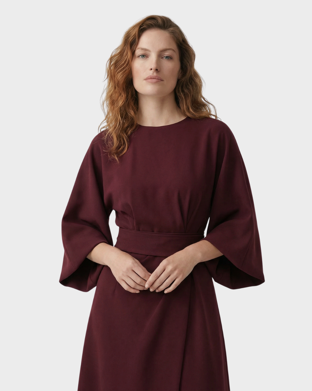 Vestido Midi Mujer con Cinturón Algodón Manga Kimono Elegante Primavera