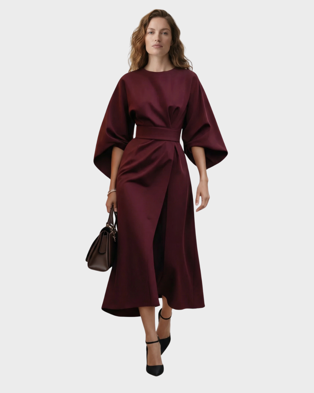 Vestido Midi Mujer con Cinturón Algodón Manga Kimono Elegante Primavera