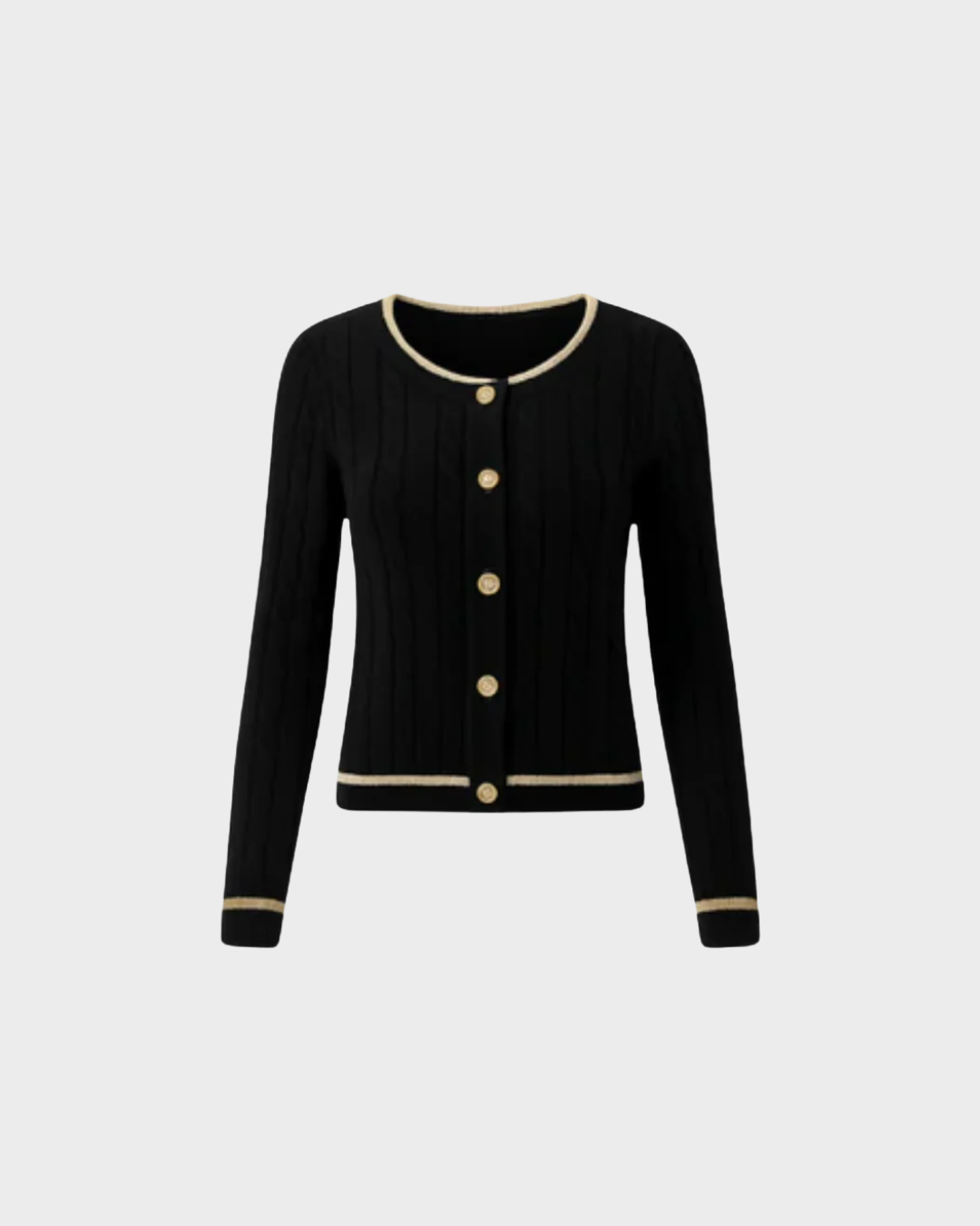 Cárdigan – ribetes dorados y elegancia