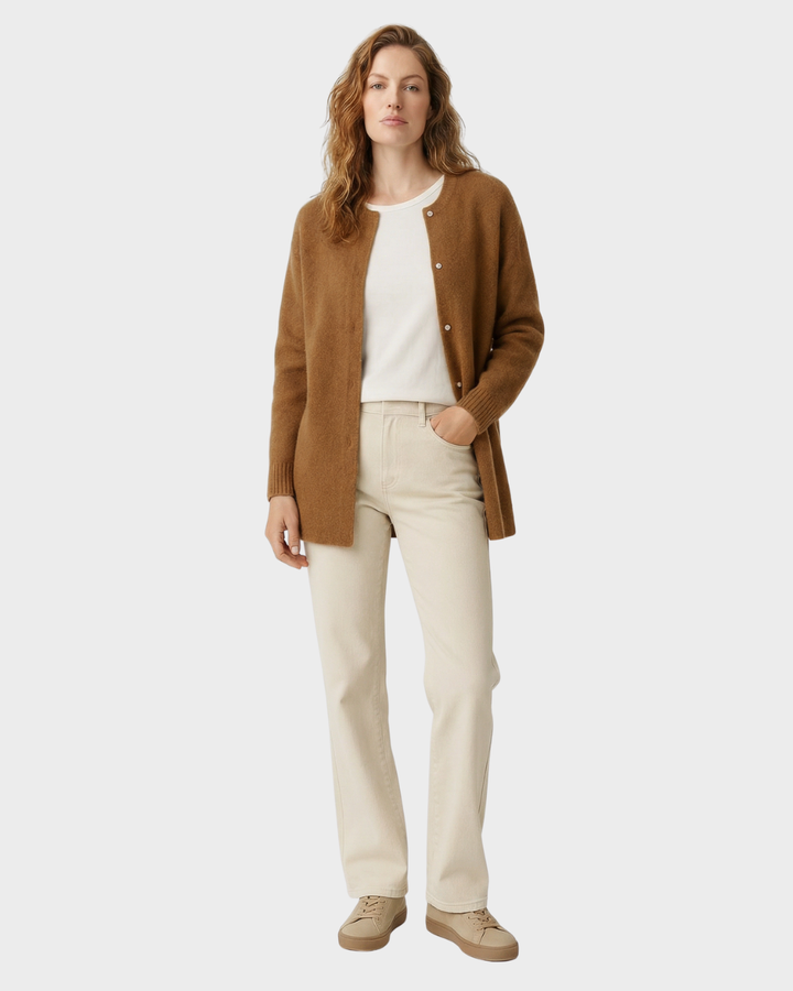 Cárdigan Largo Suave de Punto Beige con Bolsillos