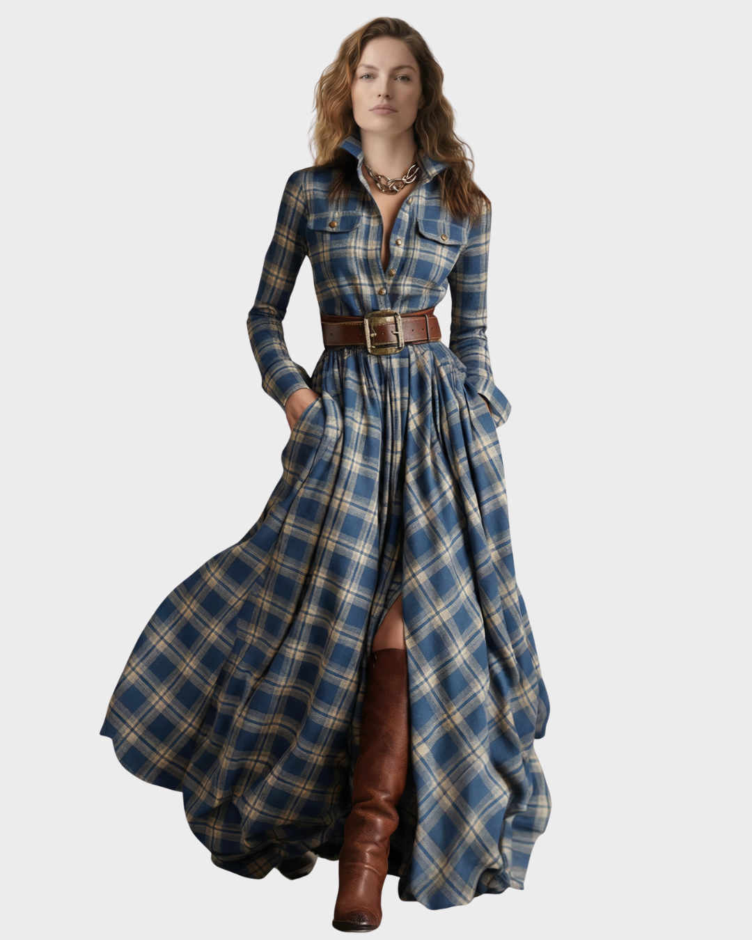 Vestido largo de cuadros con cinturón para mujer