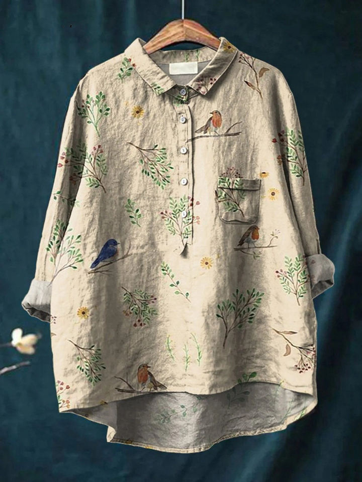 Jimena | Camisa Casual de Mujer con Estampado de Ramas y Aves Robin
