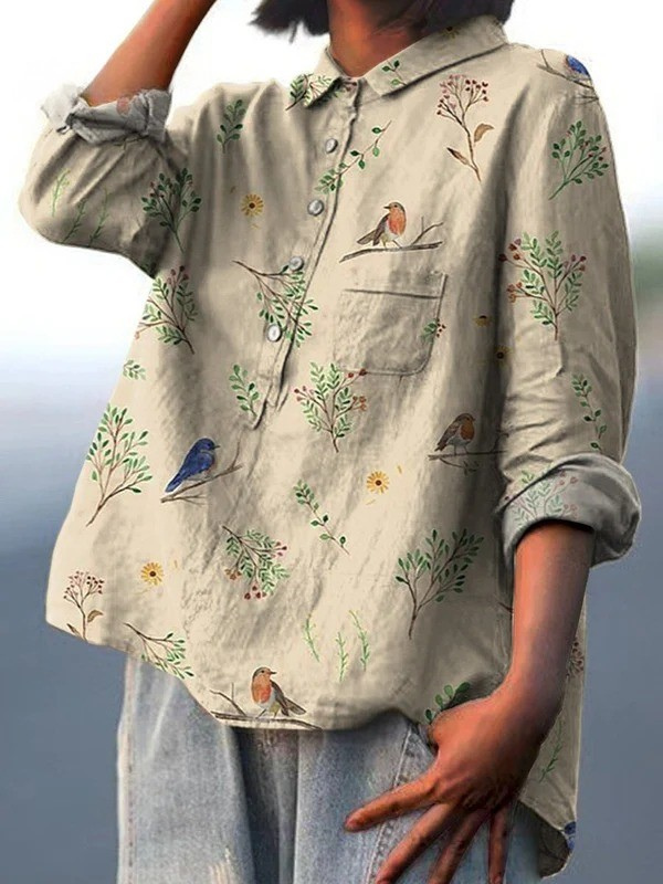 Jimena | Camisa Casual de Mujer con Estampado de Ramas y Aves Robin