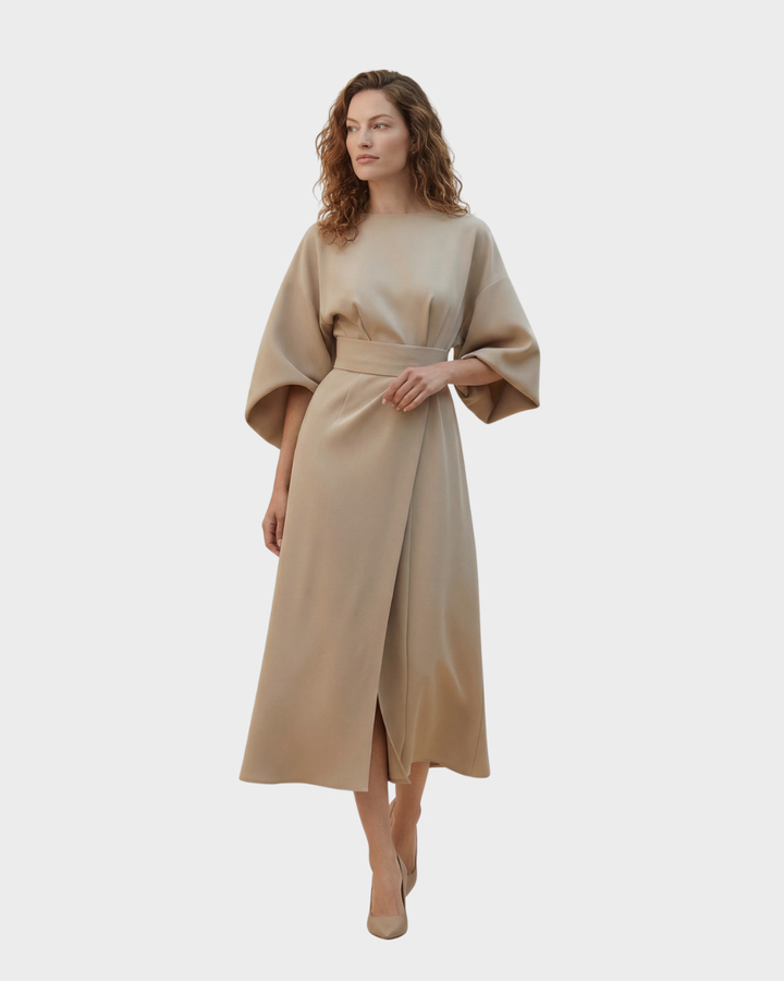 Vestido Midi Mujer con Cinturón Algodón Manga Kimono Elegante Primavera