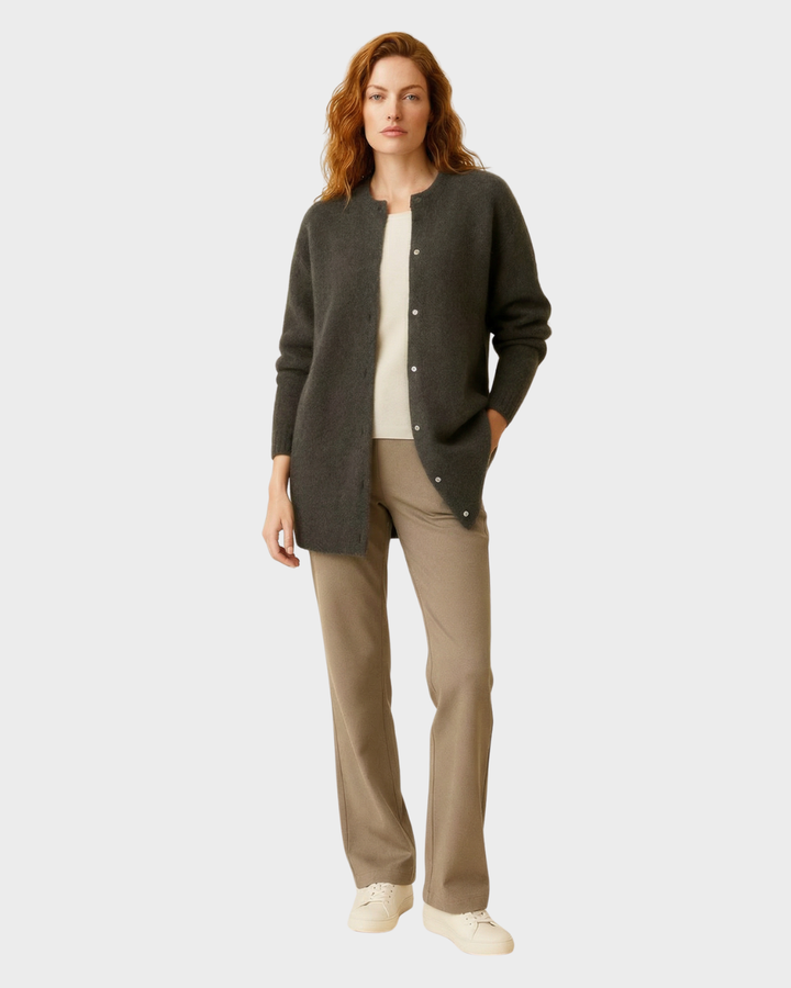 Cárdigan Largo Suave de Punto Beige con Bolsillos