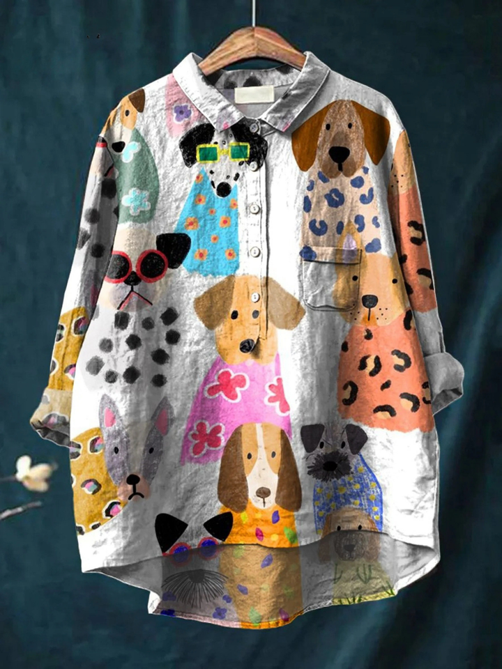 Martina | Camisa casual con perro de dibujos animados colorido