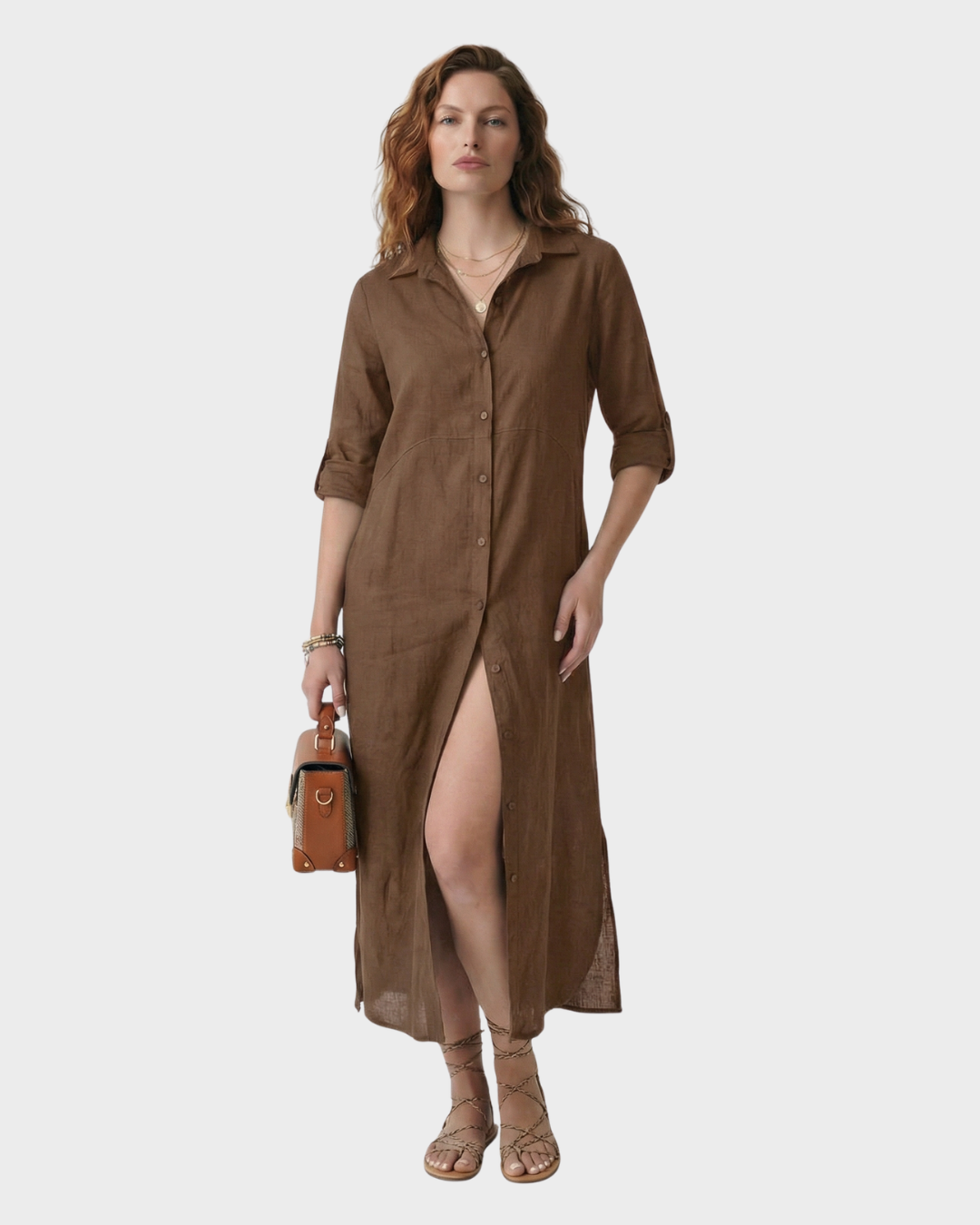 Vestido largo de botones con manga larga para mujer