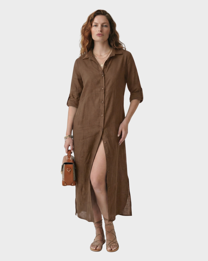 Vestido largo de botones con manga larga para mujer