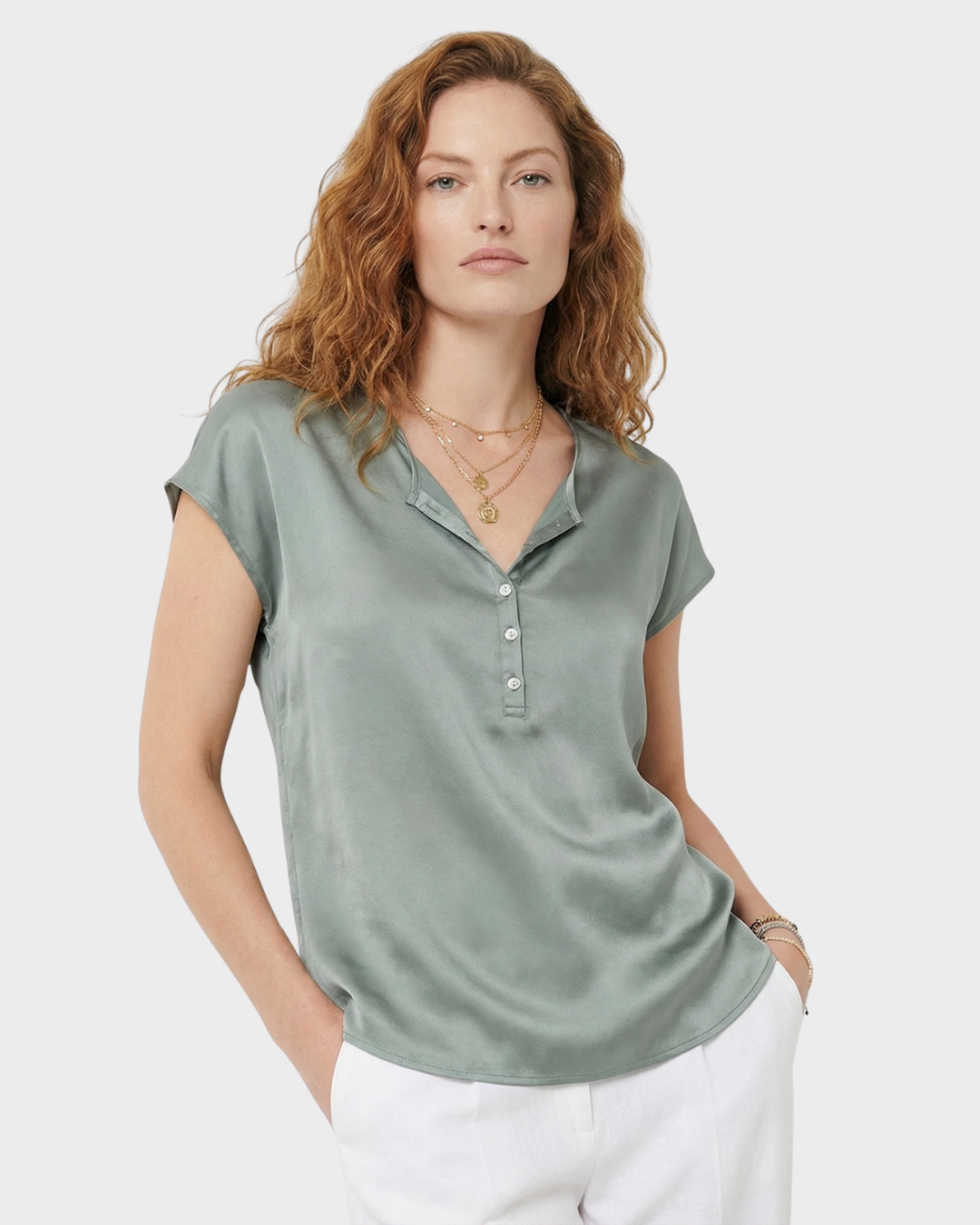 Blusa de Satén Manga Corta para Mujer