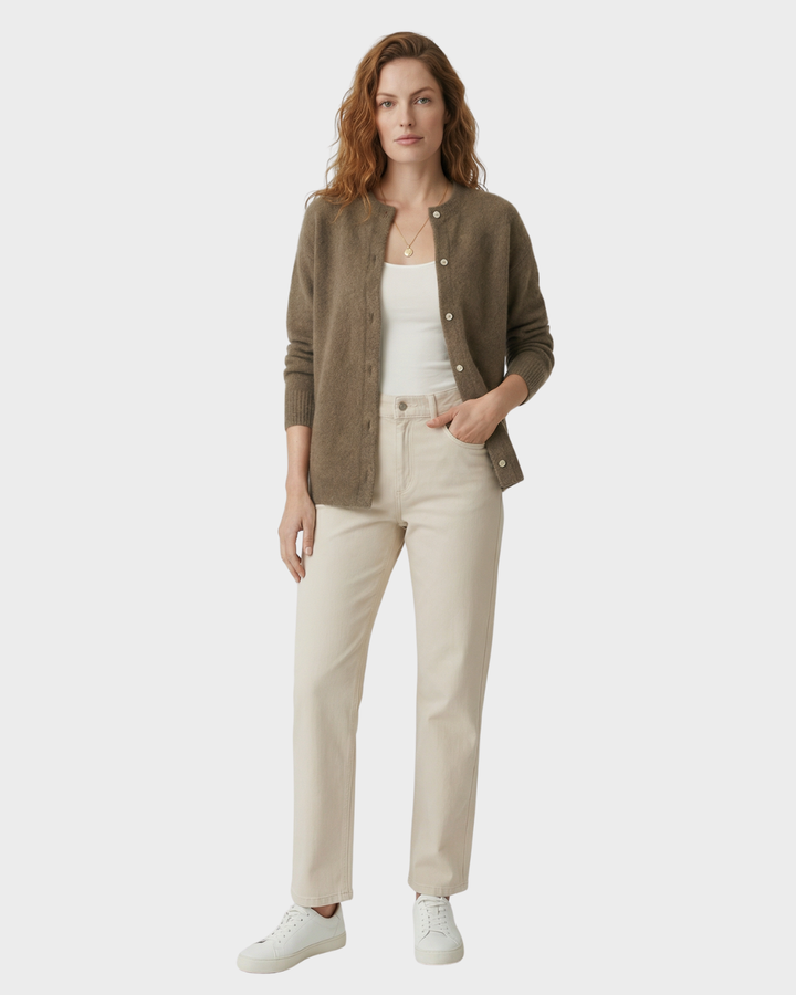 Cárdigan Largo Suave de Punto Beige con Bolsillos