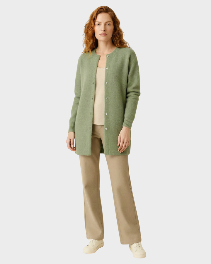 Cárdigan Largo Suave de Punto Beige con Bolsillos