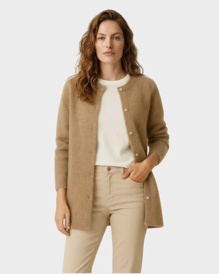 Cárdigan Largo Suave de Punto Beige con Bolsillos