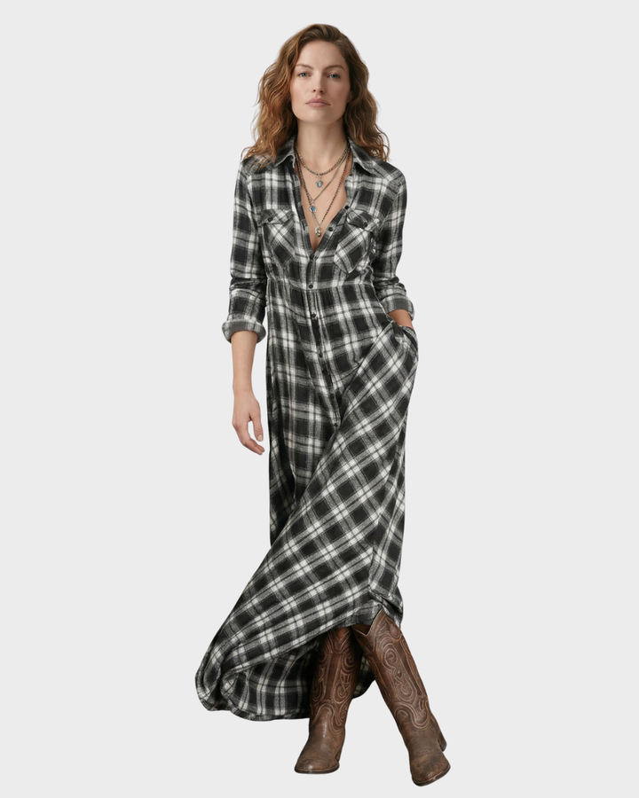 Vestido largo de cuadros con botones para mujer