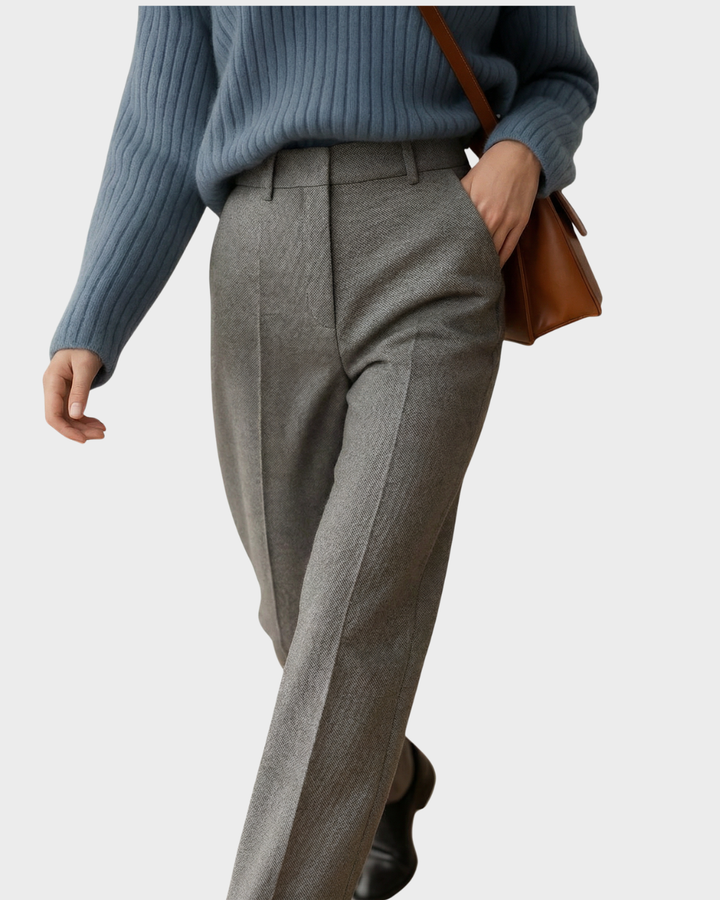 Pantalón de Lana con Diseño Herringbone