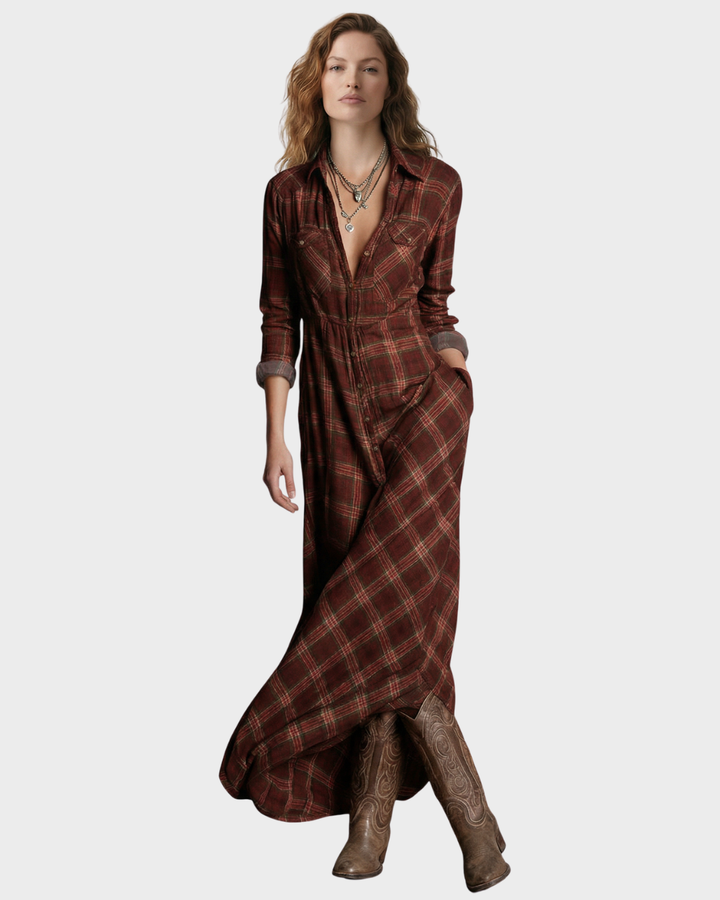 Vestido largo de cuadros con botones para mujer