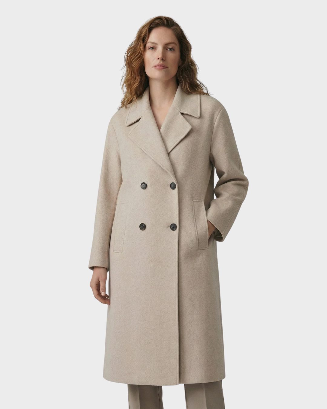 Chaqueta de lana con cuello largo rebatible y elegante doble botonadura