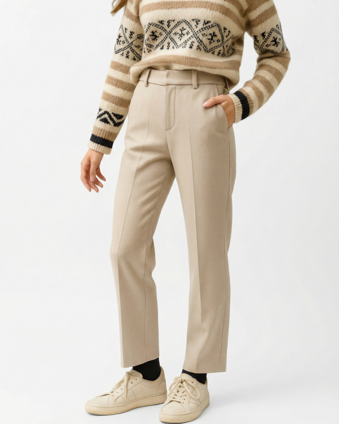 Pantalón de Lana con Diseño Herringbone