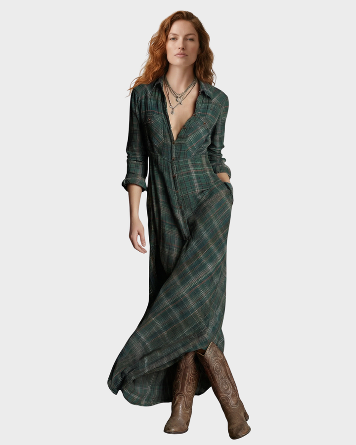 Vestido largo de cuadros con botones para mujer