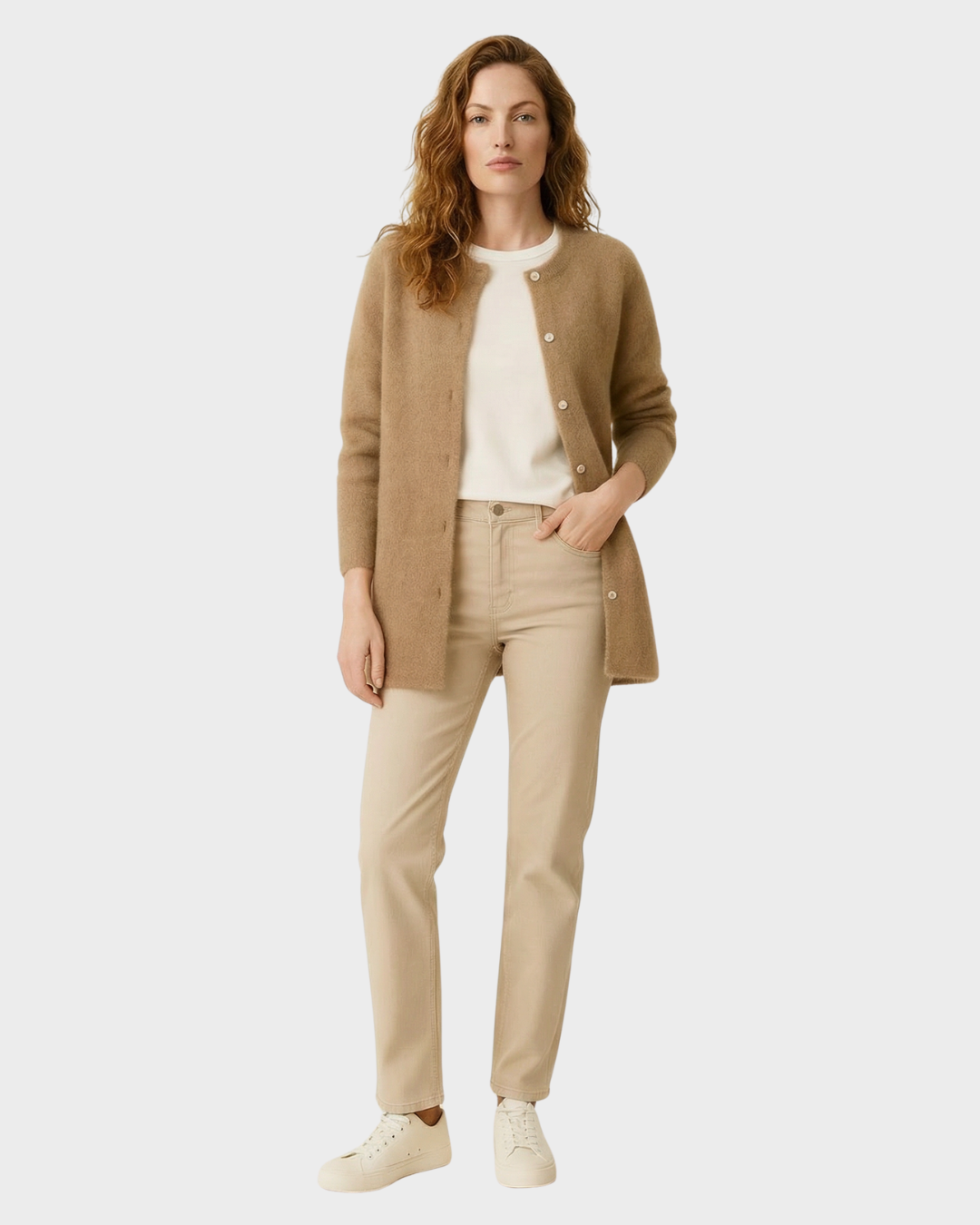 Cárdigan Largo Suave de Punto Beige con Bolsillos