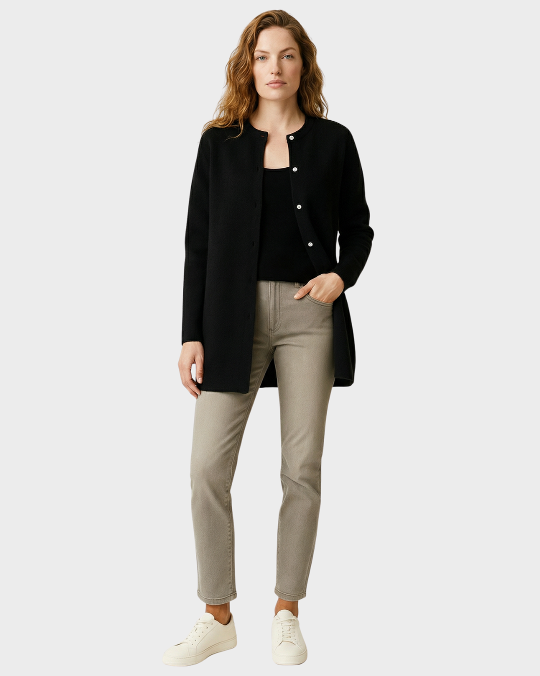 Cárdigan Largo Suave de Punto Beige con Bolsillos