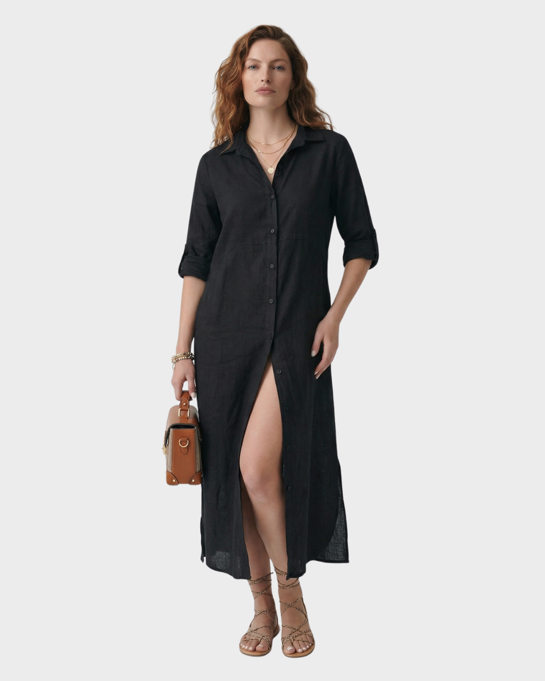 Vestido largo de botones con manga larga para mujer