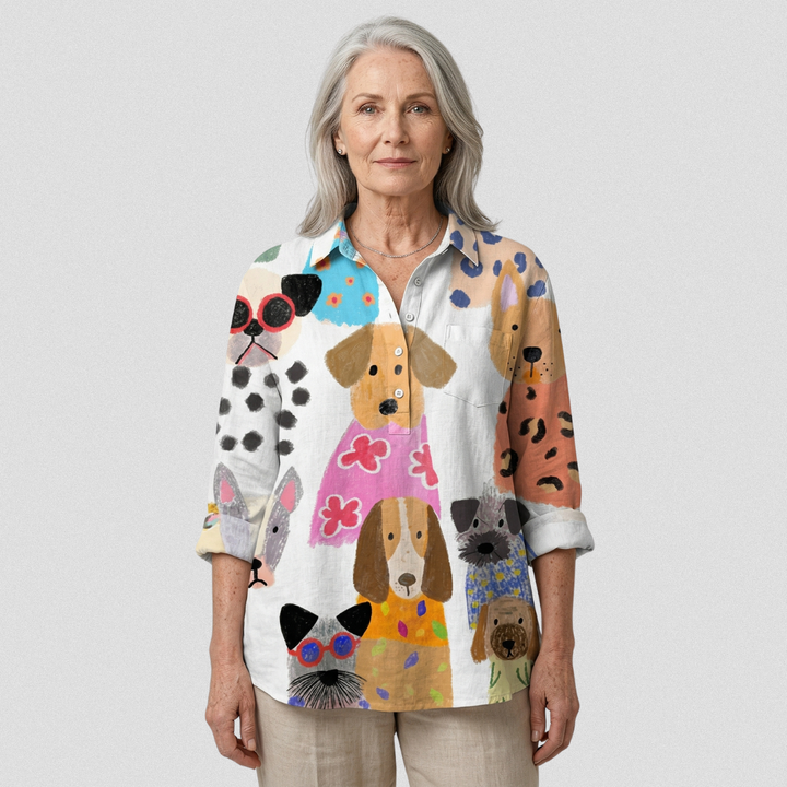 Martina | Camisa casual con perro de dibujos animados colorido